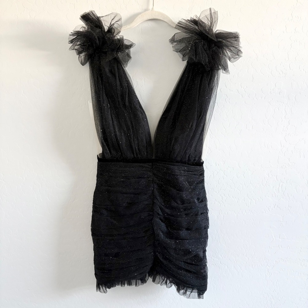 SAULEE Revolve harlie Black Glitter‎ Tulle Ruched V Neck Mini Dress Size US 6 - Picture 2 of 8